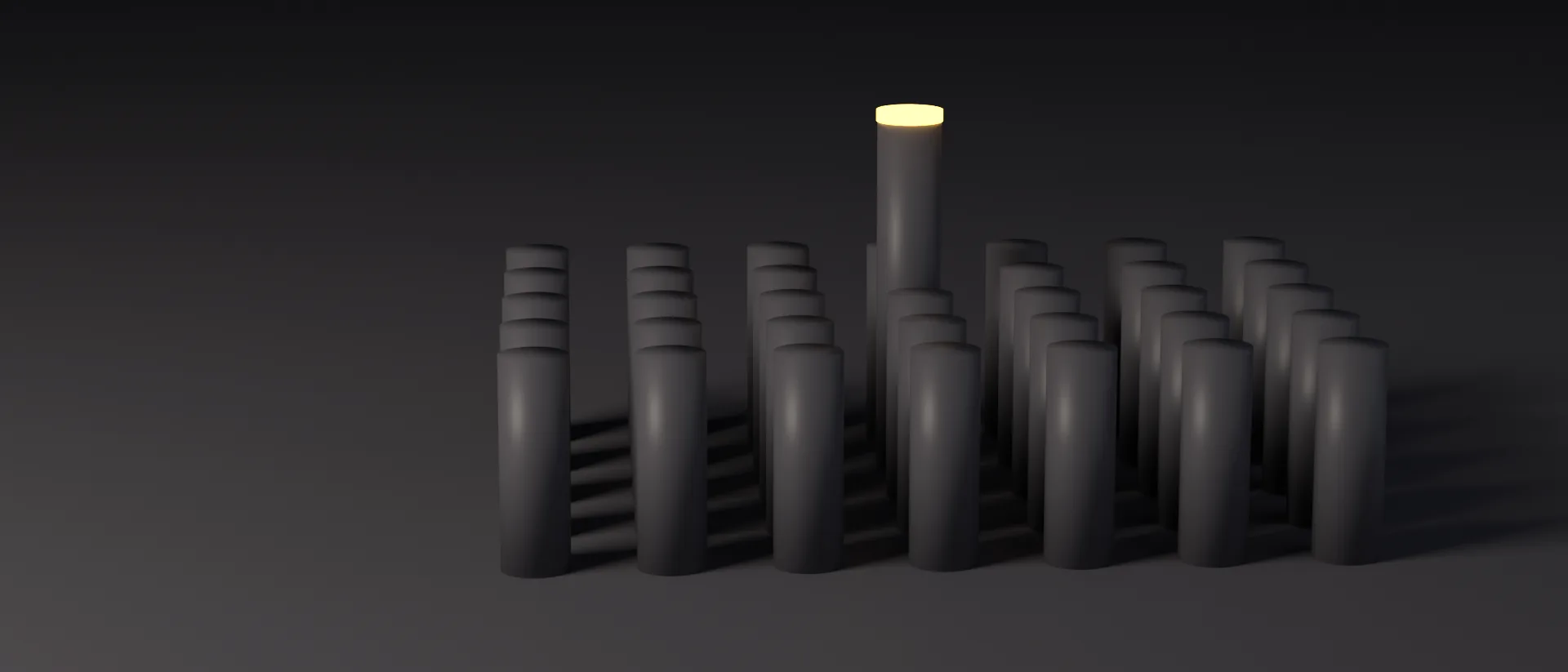 A field of identical upright rods on an unlit floor, one of them raised above the rest and capped with amber light.